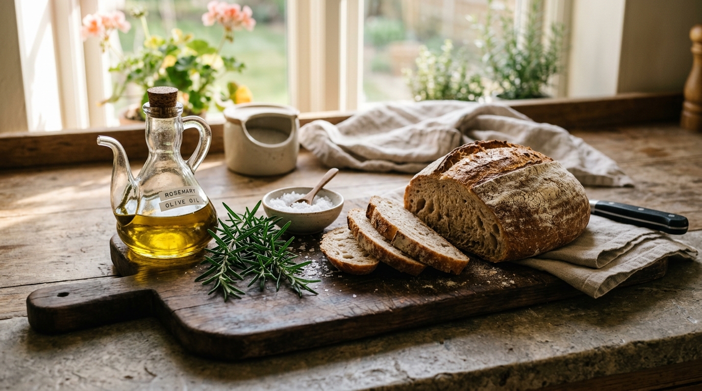 Warm culinary tabletop with rustic bread, fresh herbs, and olive oil