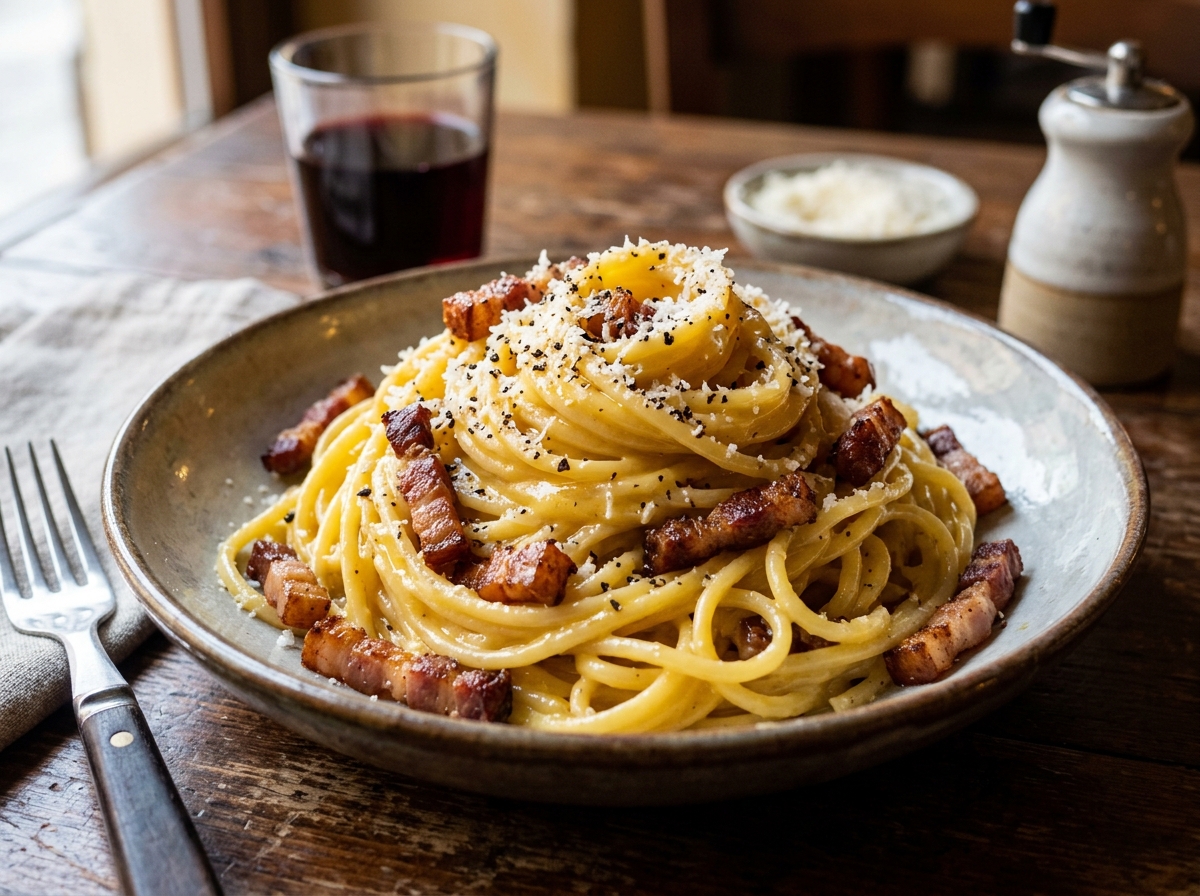 Roman spaghetti carbonara with crisp guanciale, pecorino cheese, and cracked black pepper