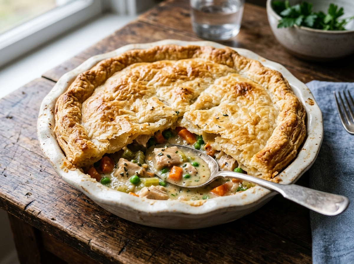 Golden flaky chicken pot pie in ceramic dish with carrots, peas, and thyme velouté