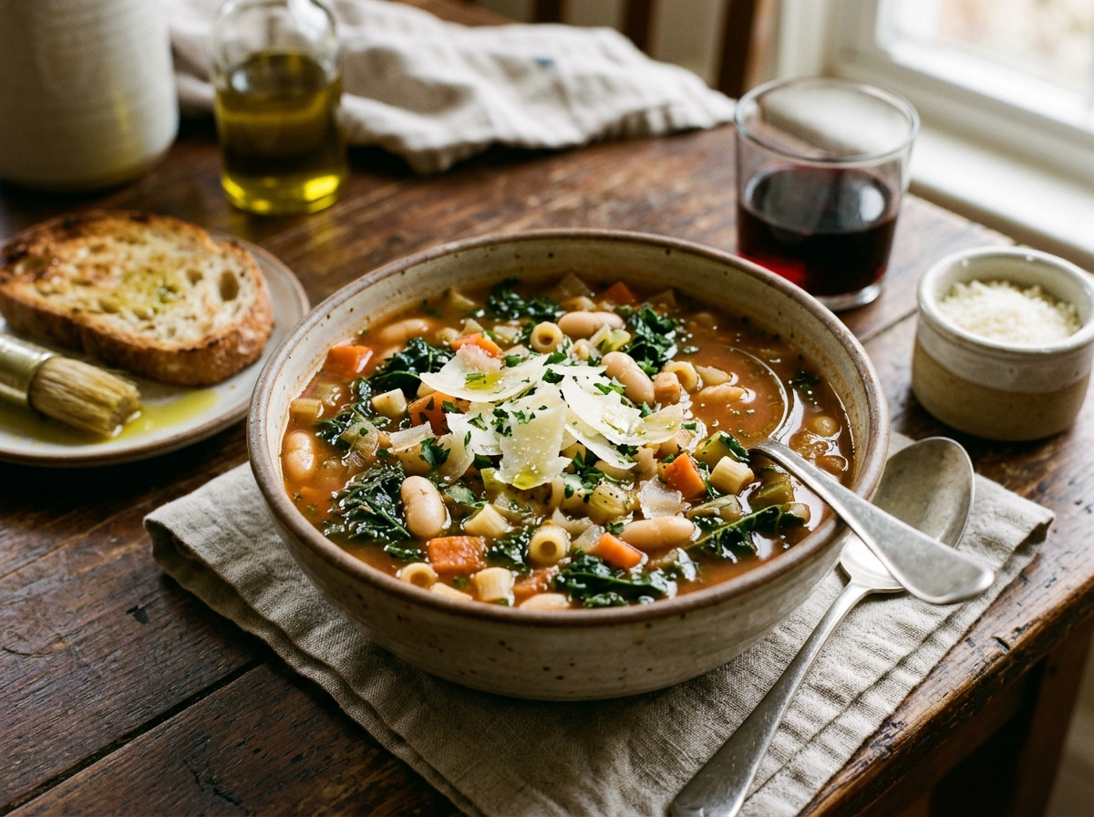 Hearty vegetable minestrone with cannellini beans, tender kale, and ditalini pasta