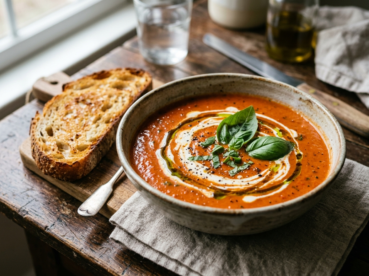 Smooth roasted tomato basil soup drizzled with heavy cream and olive oil