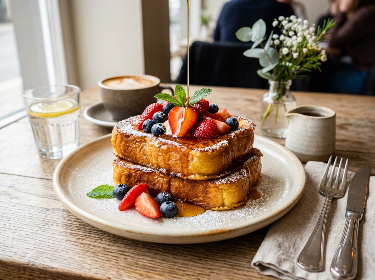 Thick-cut golden brioche French toast with vanilla custard soak, powdered sugar, and berries
