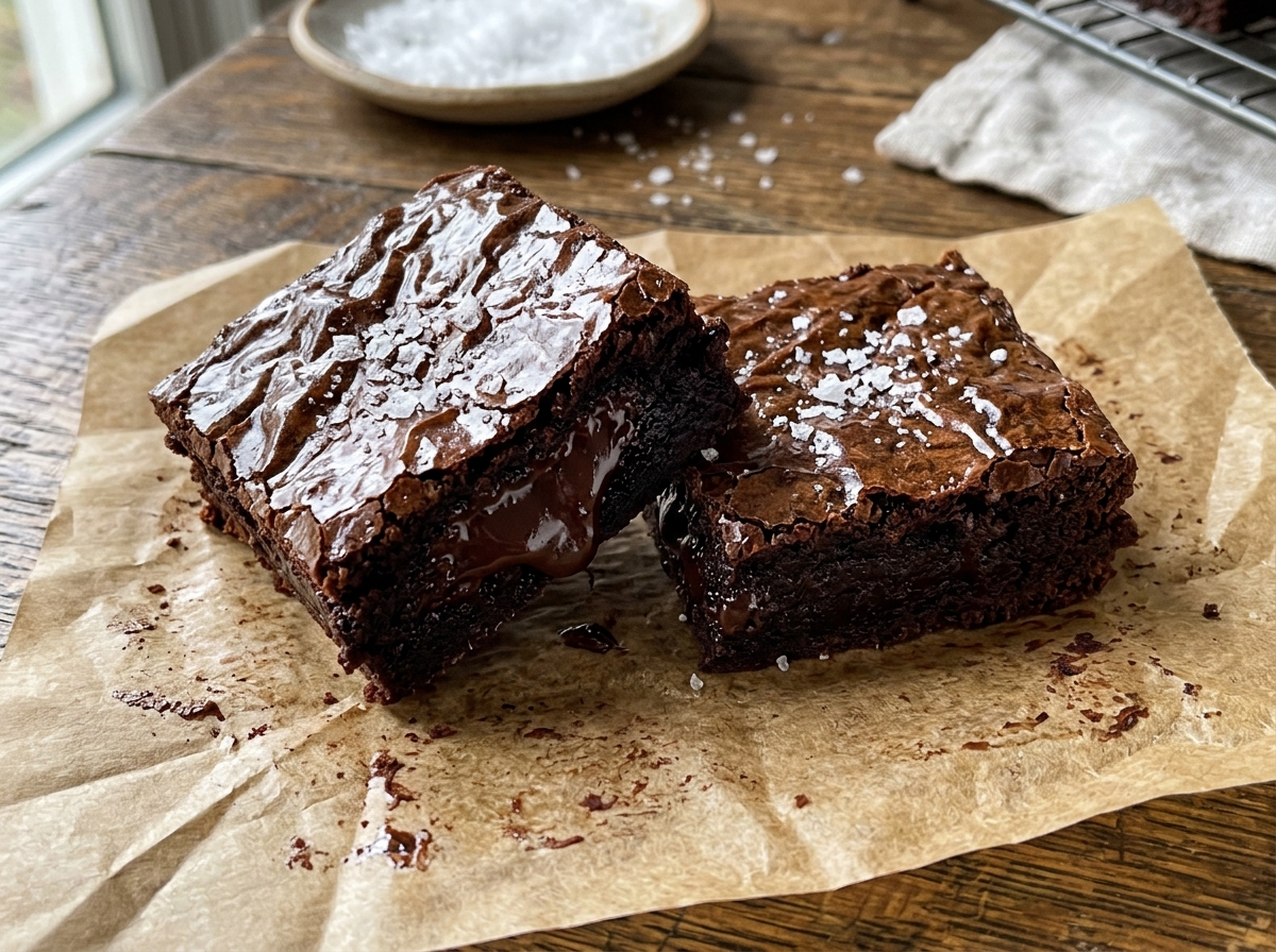 Square cut fudgy chocolate brownies with shiny crinkled tops and gooey chocolate centers
