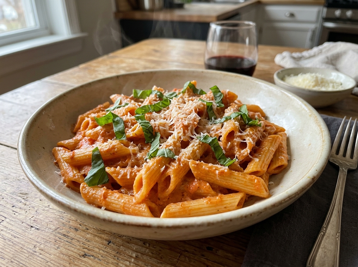 Al dente penne pasta in creamy tomato vodka sauce with fresh basil and parmesan