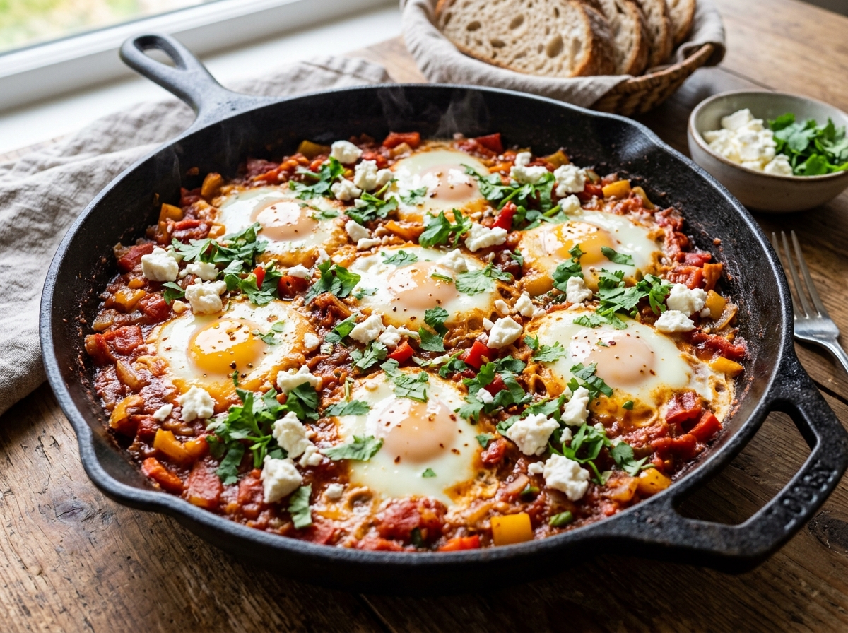 Eggs poached in spiced bell pepper and tomato sauce topped with crumbled feta and cilantro