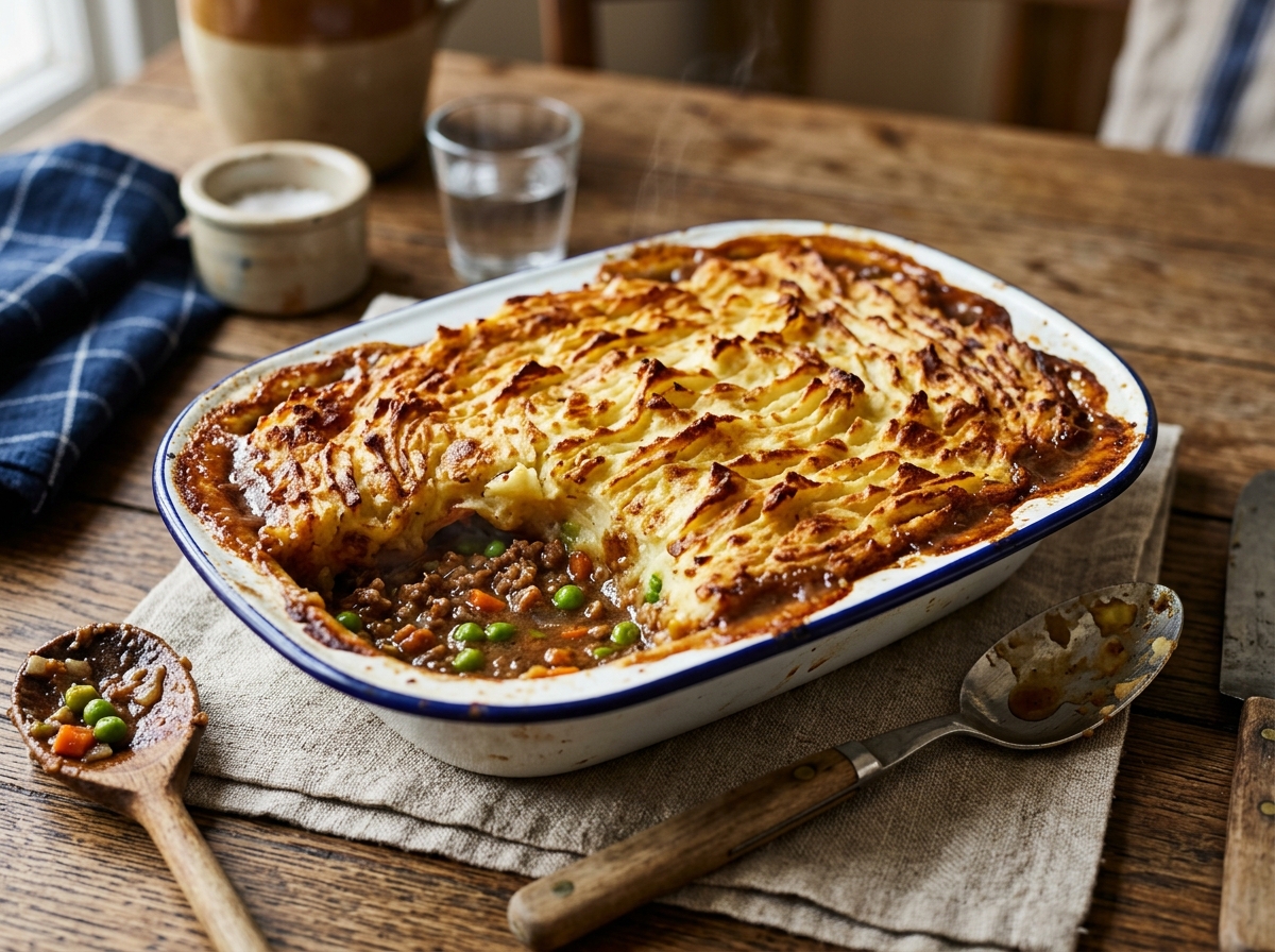 Deeply browned mashed potato crust atop a rich minced meat and vegetable gravy filling