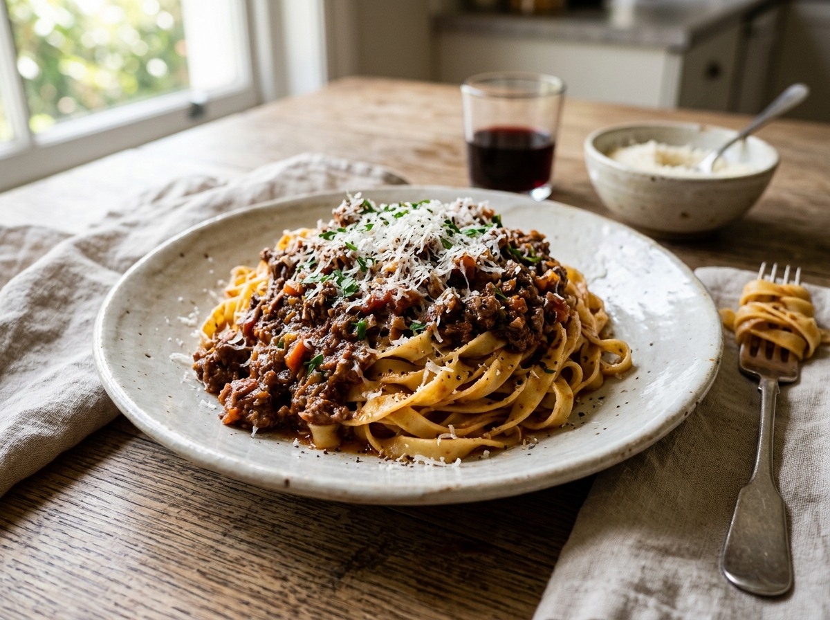 Rich slow-cooked beef and pork bolognese ragù tossed with fresh tagliatelle pasta